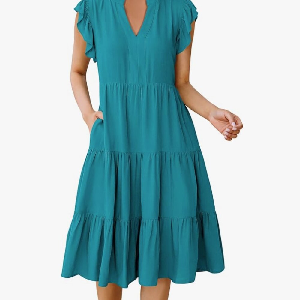 Flowy Tiered Boho Beach Vacation Sundress - Lake Green / Teal - XL